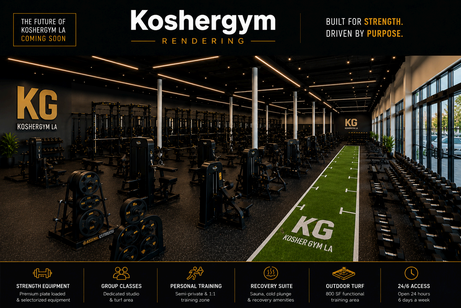 KosherGym flagship rendering — main training floor