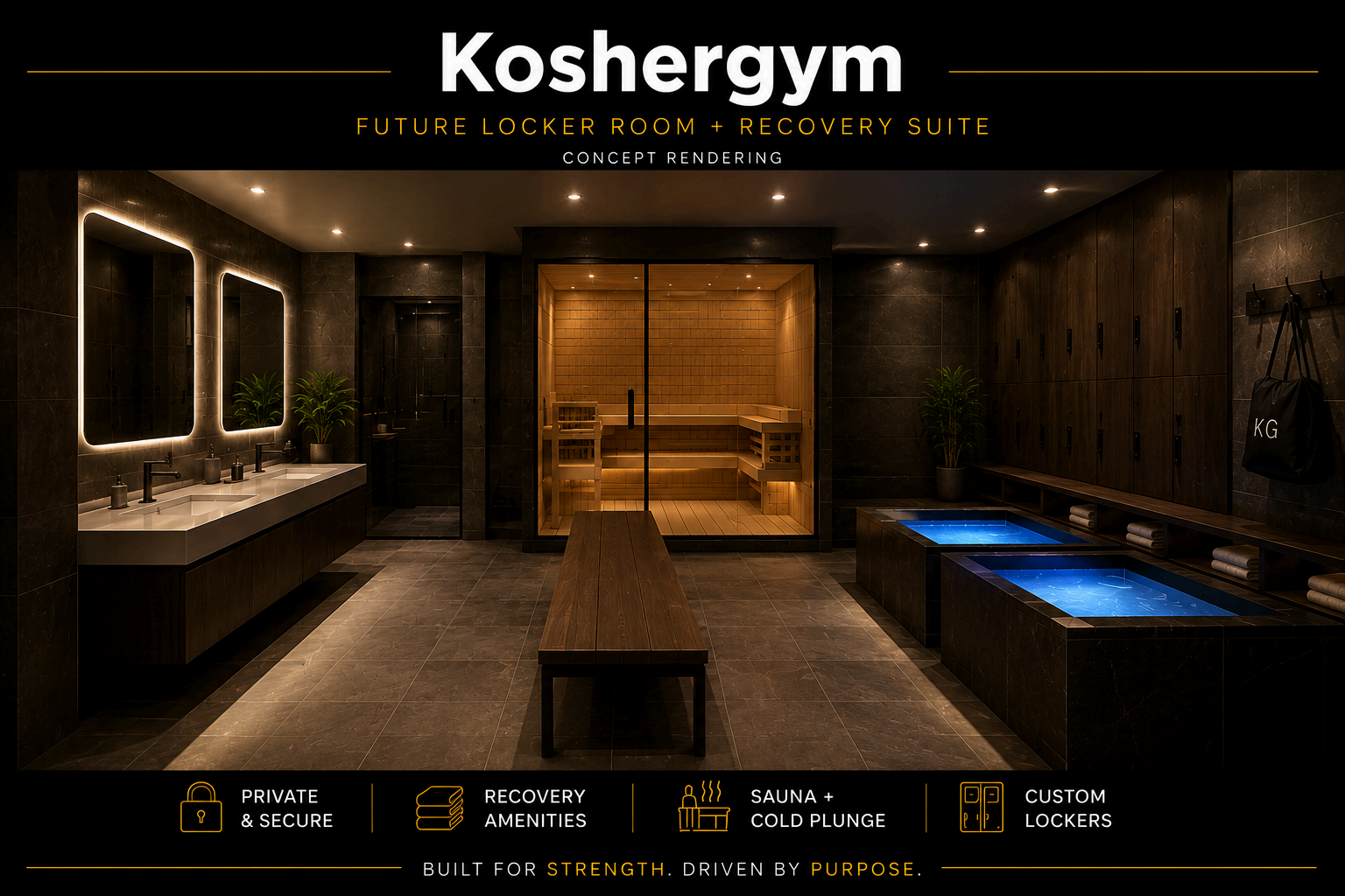 Locker room and recovery suite rendering with sauna and cold plunge